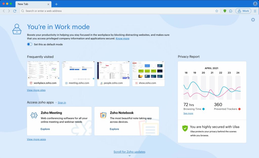 Mode navigateur Ulaa travail