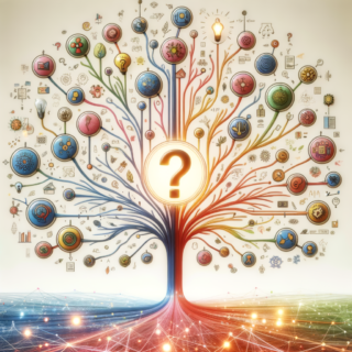 a colorful tree with many circles and a question mark. schema conceptuel
