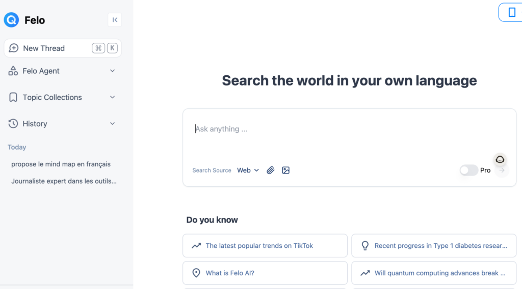 interface du moteur de recherche pro IA Felo